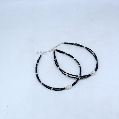 Sterling silver double chain anklet with black beads, lightweight and delicate silver jewelry bracelet by TRIBAL ORNAMENTS.