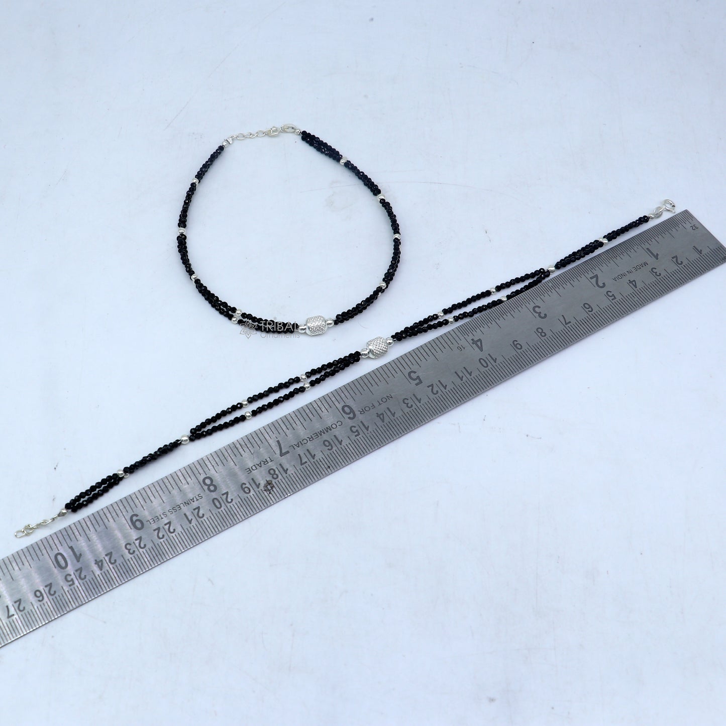 925 sterling silver double chain silver and black beaded anklet bracelet amazing light weight delicate anklets silver jewelry ank658 - TRIBAL ORNAMENTS