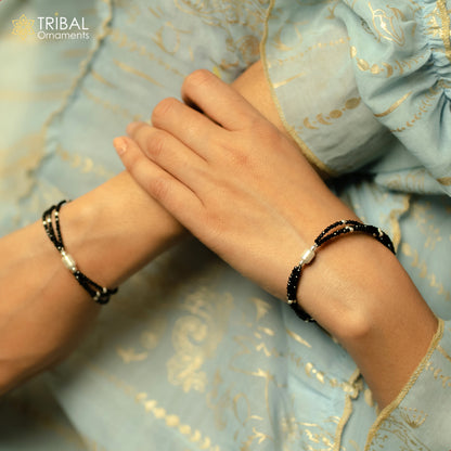 Sterling silver double chain anklet with black beads, lightweight and delicate silver jewelry ank658 by Tribal Ornaments.