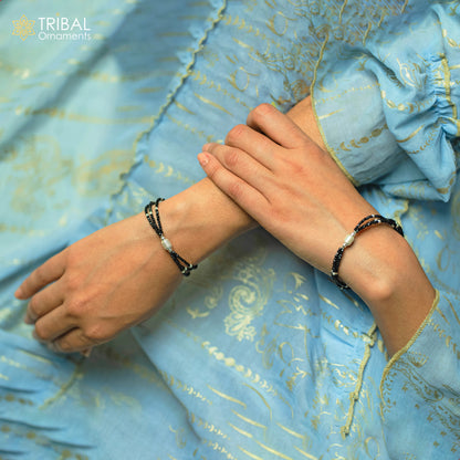 Sterling silver double chain anklet with black beads, lightweight and delicate silver jewelry bracelet by TRIBAL ORNAMENTS.