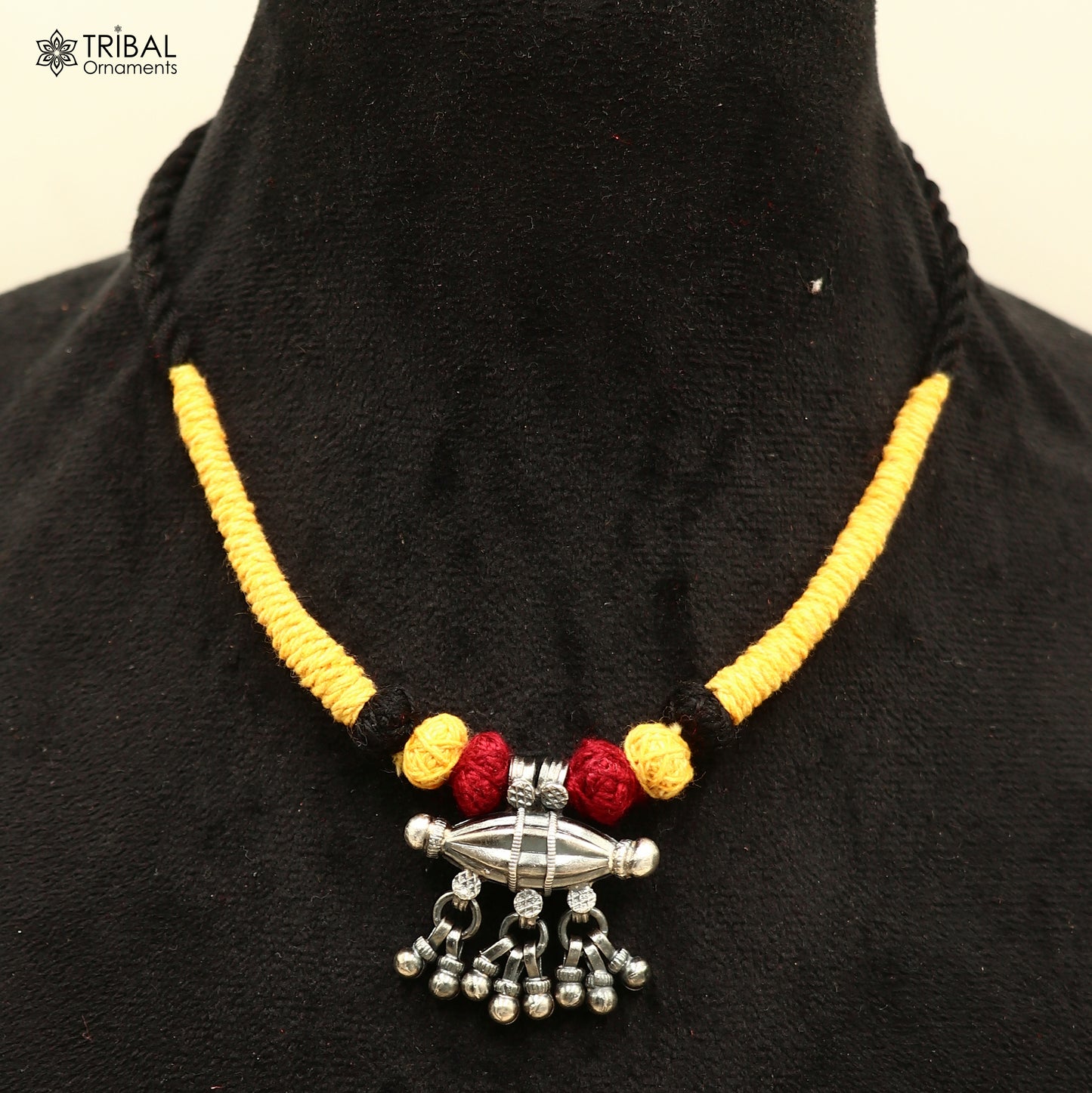 925 sterling silver drop dangle bells amulet style thread (dori) banjara necklace set789 - TRIBAL ORNAMENTS