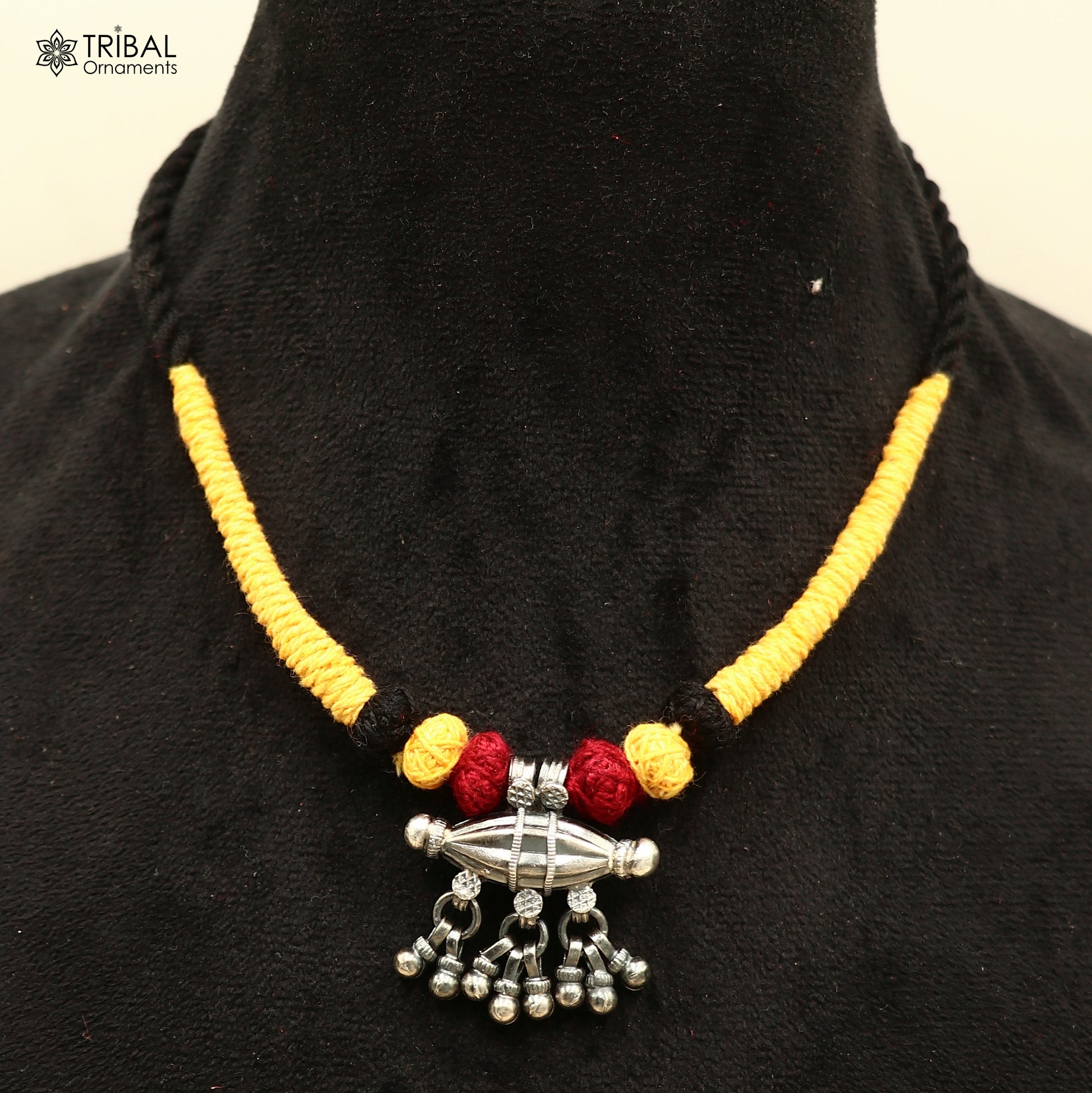 925 sterling silver drop dangle bells amulet style thread (dori) banjara necklace set789 - TRIBAL ORNAMENTS