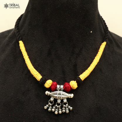 925 sterling silver drop dangle bells amulet style thread (dori) banjara necklace set789 - TRIBAL ORNAMENTS