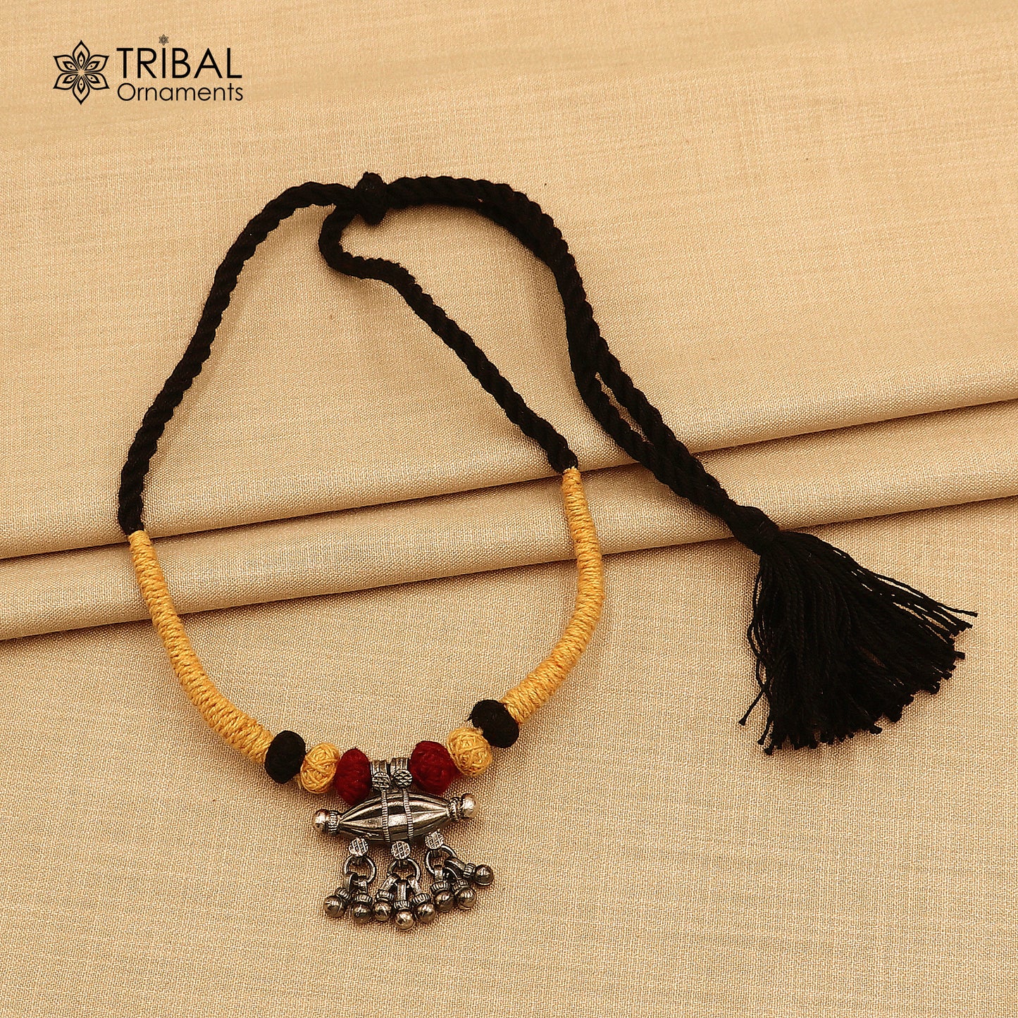 925 sterling silver drop dangle bells amulet style thread (dori) banjara necklace set789 - TRIBAL ORNAMENTS