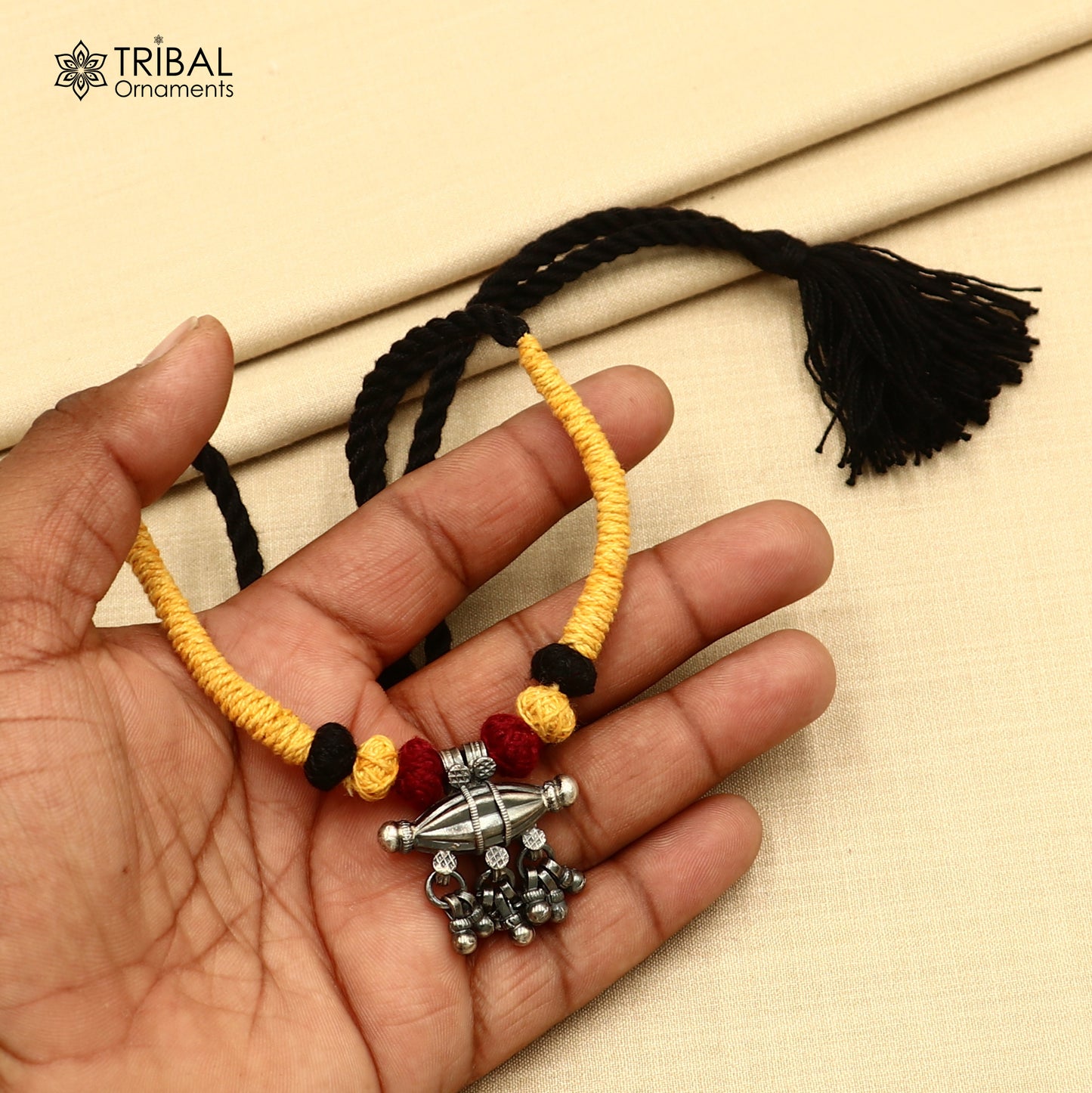 925 sterling silver drop dangle bells amulet style thread (dori) banjara necklace set789 - TRIBAL ORNAMENTS