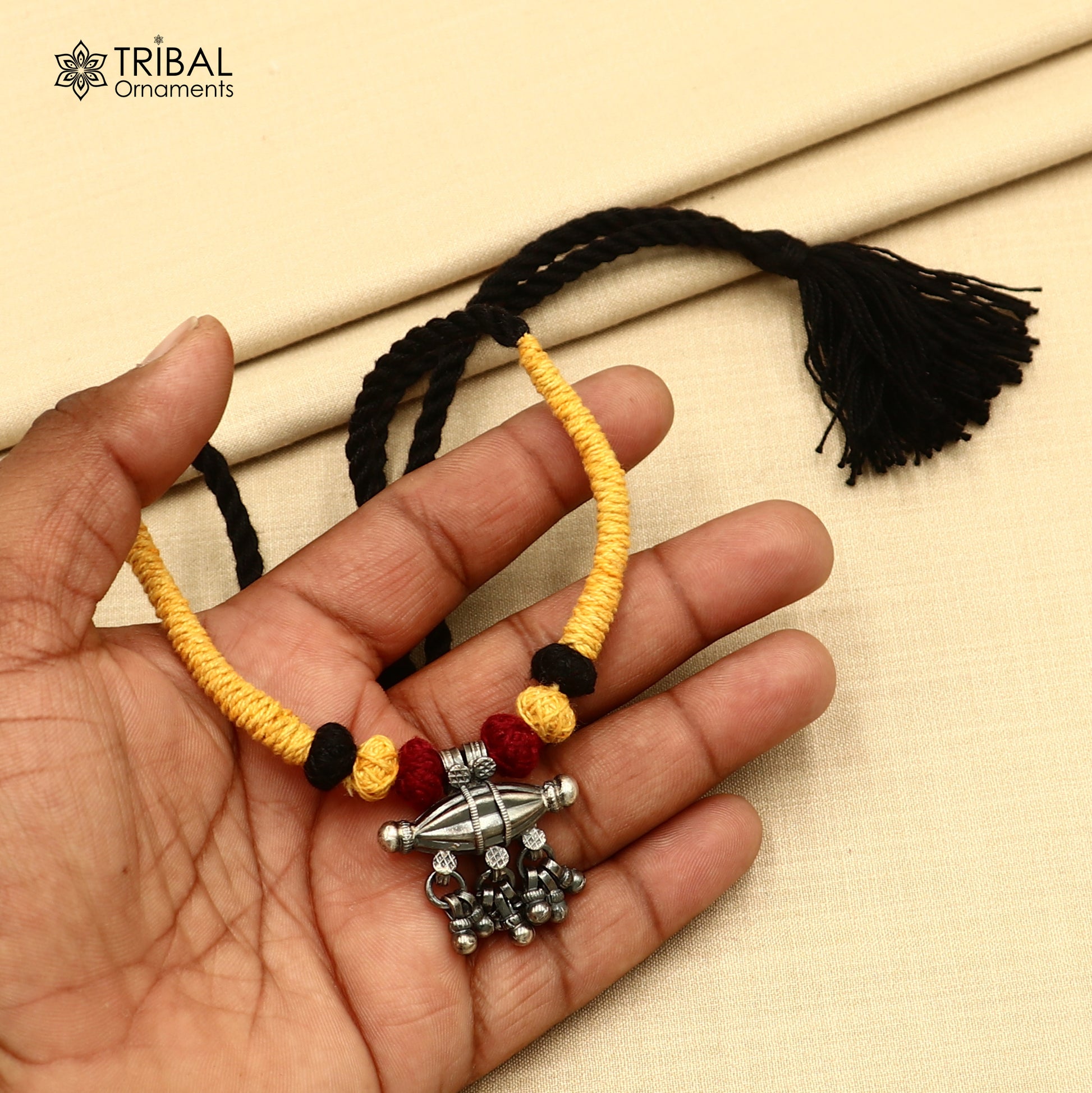 925 sterling silver drop dangle bells amulet style thread (dori) banjara necklace set789 - TRIBAL ORNAMENTS