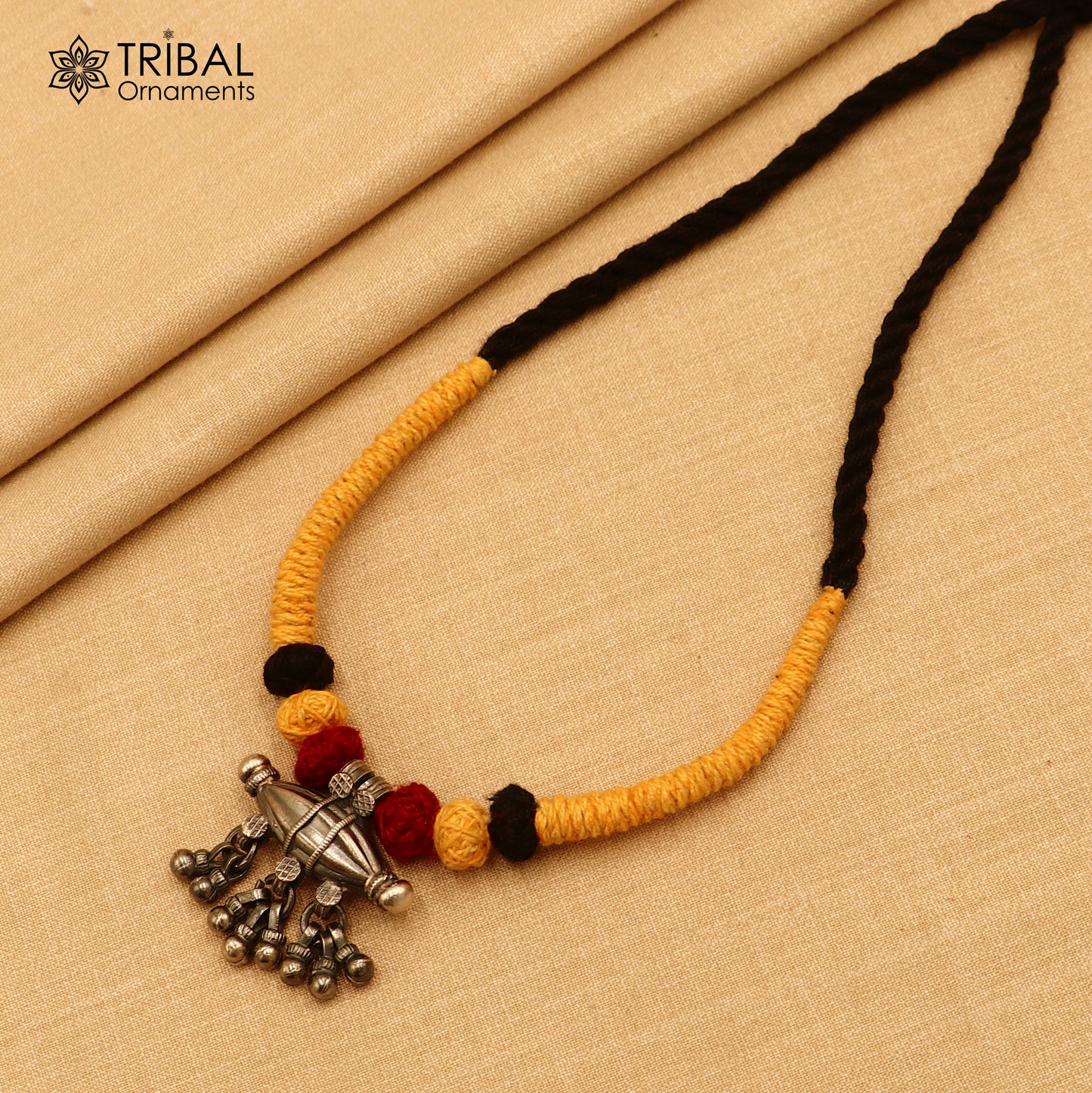 925 sterling silver drop dangle bells amulet style thread (dori) banjara necklace set789 - TRIBAL ORNAMENTS