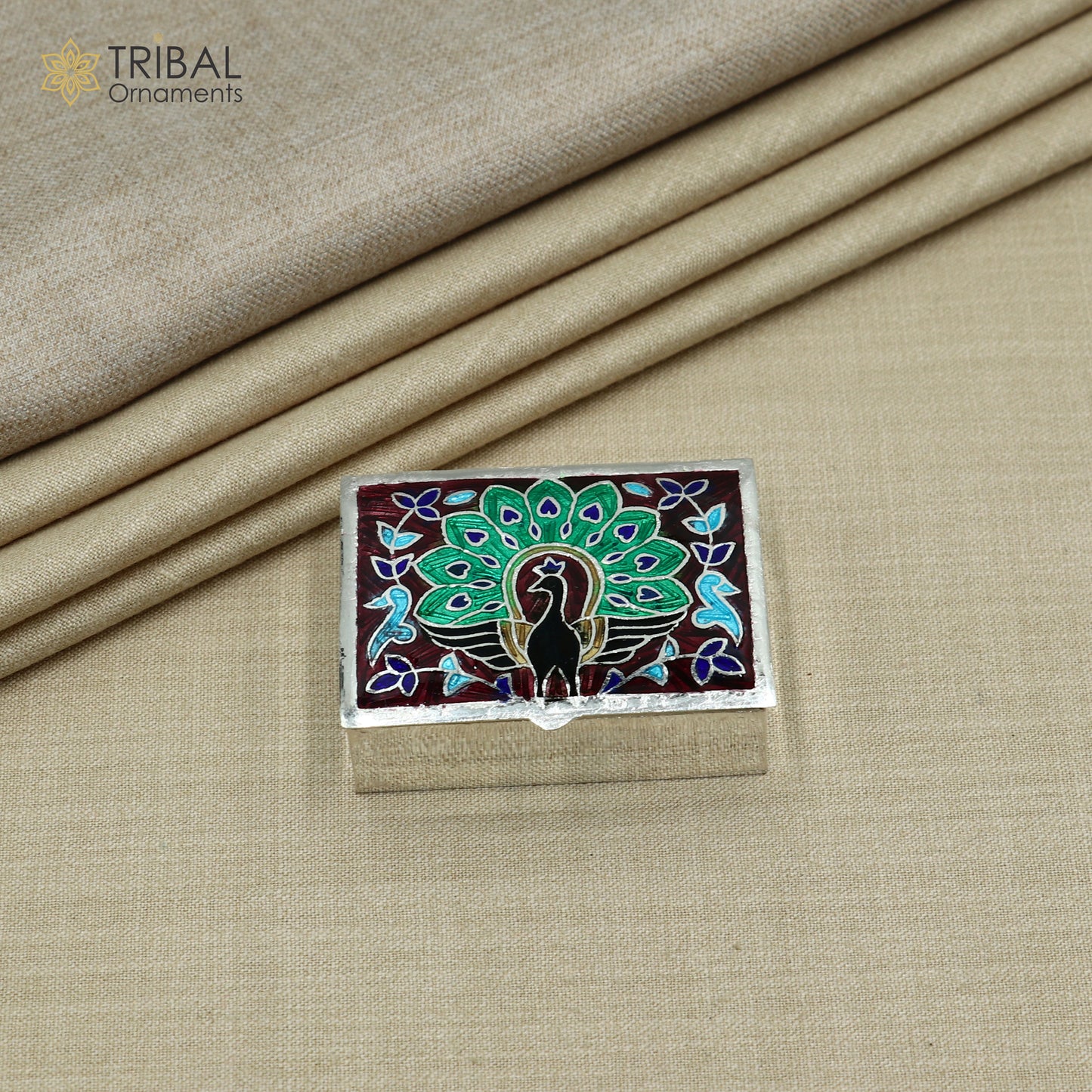 925 sterling silver Enamel work peacock design trinket,casket,container, Sindoor box brides jewelry stb869 - TRIBAL ORNAMENTS