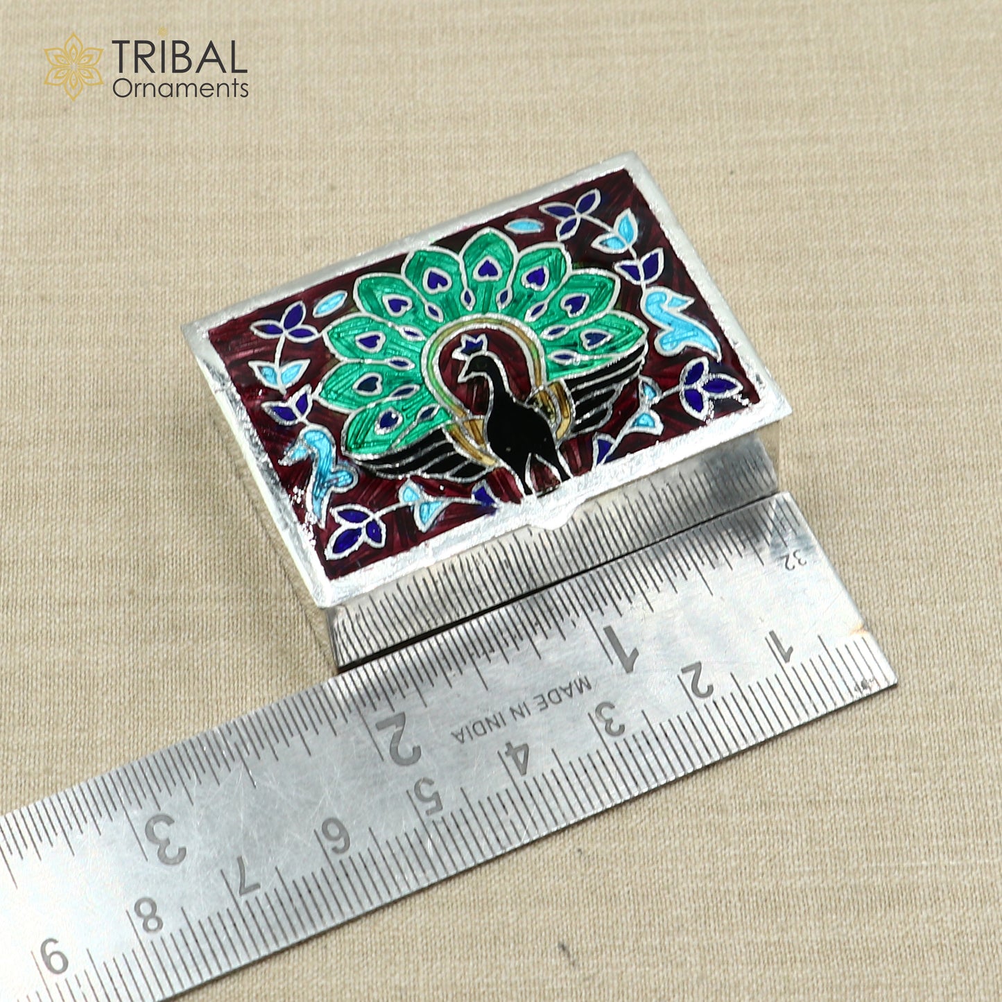 925 sterling silver Enamel work peacock design trinket,casket,container, Sindoor box brides jewelry stb869 - TRIBAL ORNAMENTS