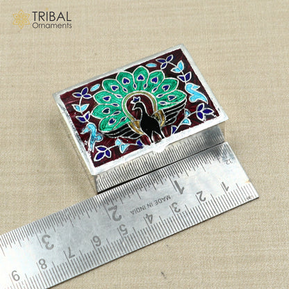 925 sterling silver Enamel work peacock design trinket,casket,container, Sindoor box brides jewelry stb869 - TRIBAL ORNAMENTS