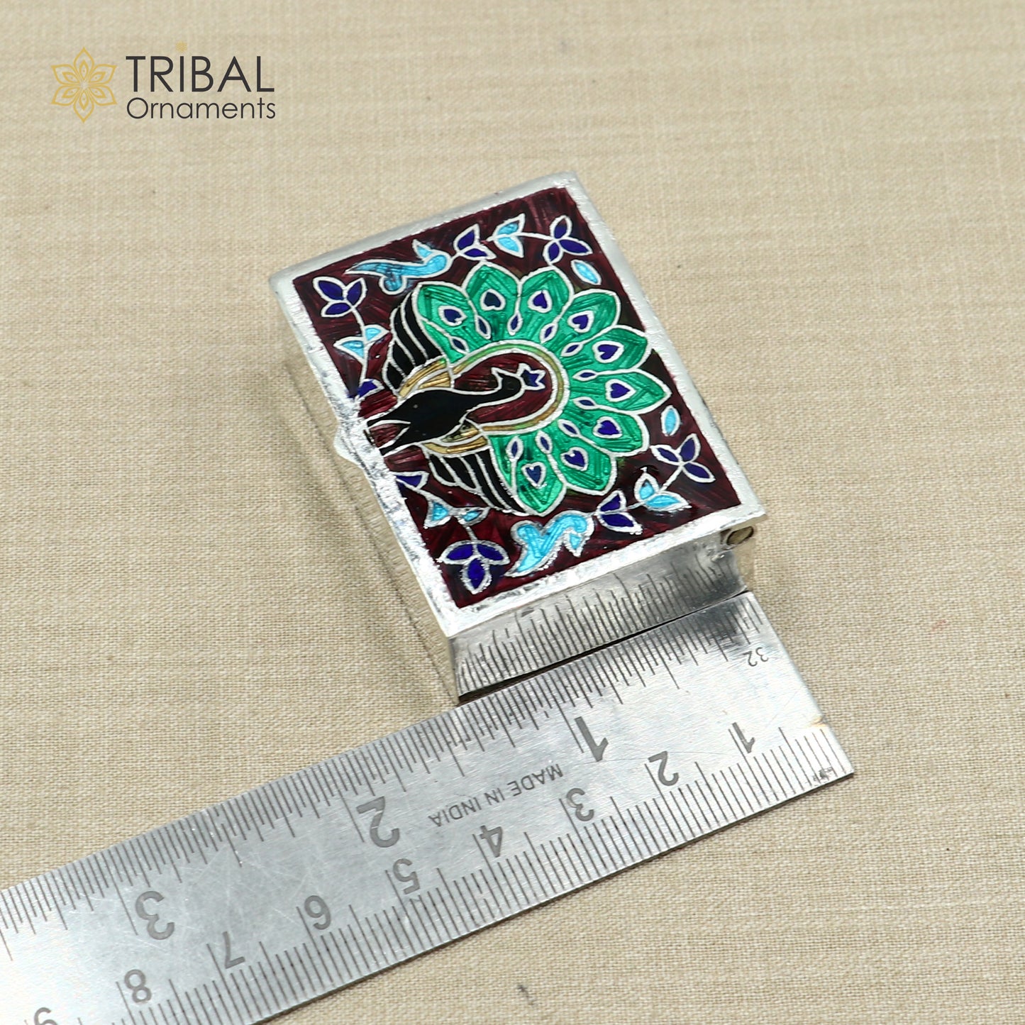 925 sterling silver Enamel work peacock design trinket,casket,container, Sindoor box brides jewelry stb869 - TRIBAL ORNAMENTS