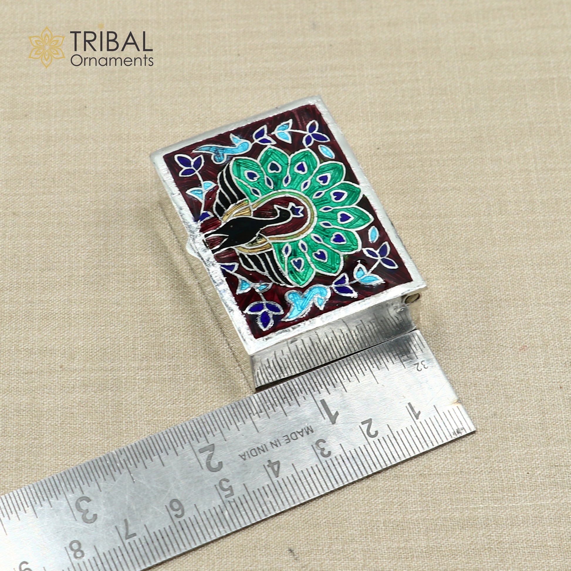 925 sterling silver Enamel work peacock design trinket,casket,container, Sindoor box brides jewelry stb869 - TRIBAL ORNAMENTS
