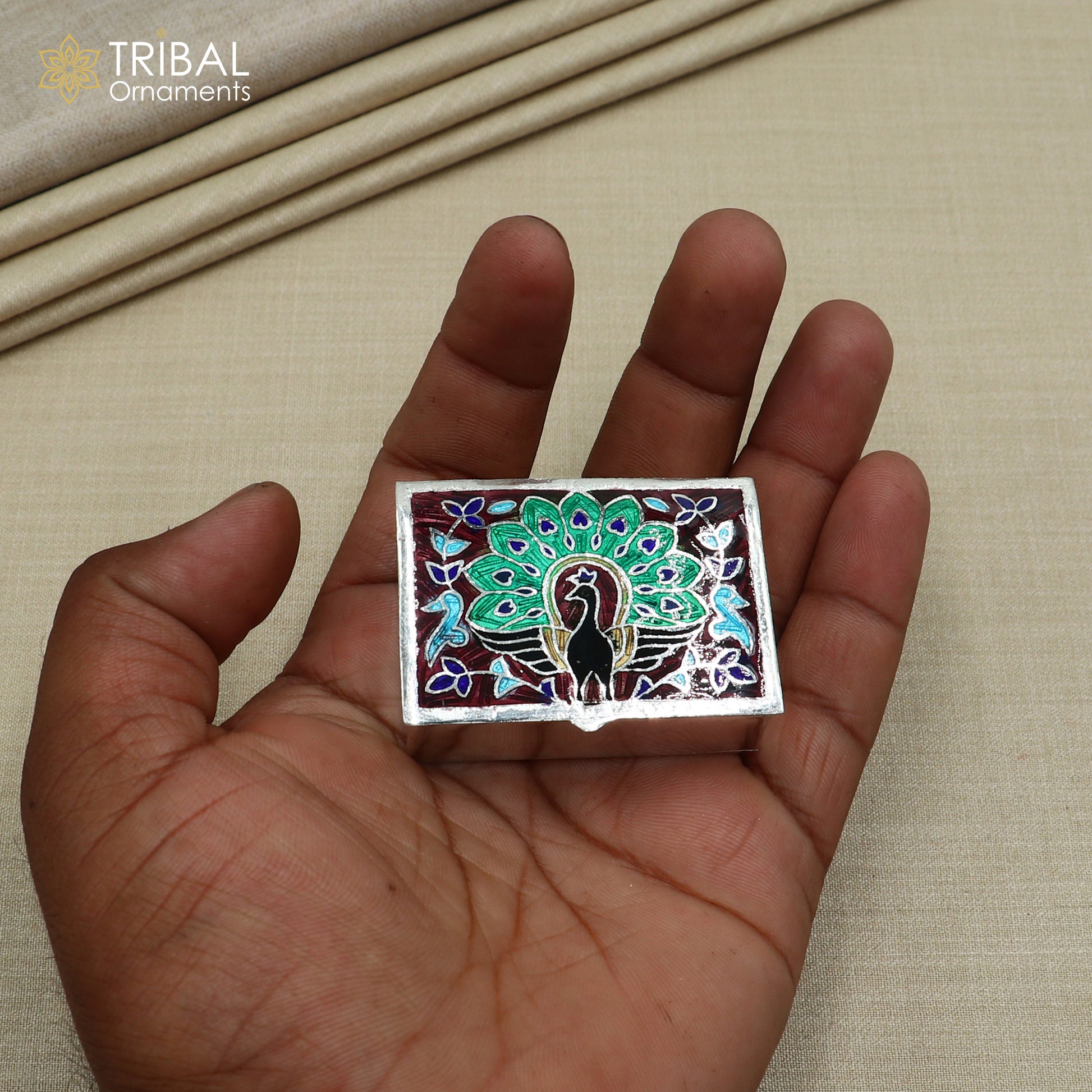 925 sterling silver Enamel work peacock design trinket,casket,container, Sindoor box brides jewelry stb869 - TRIBAL ORNAMENTS