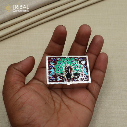 925 sterling silver Enamel work peacock design trinket,casket,container, Sindoor box brides jewelry stb869 - TRIBAL ORNAMENTS