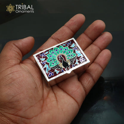 925 sterling silver Enamel work peacock design trinket,casket,container, Sindoor box brides jewelry stb869 - TRIBAL ORNAMENTS