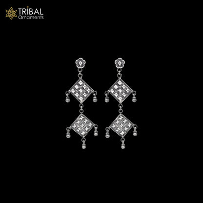 925 sterling silver ethnic  floral carved geometric design drop dangle earring banjara jewellery s1347 - TRIBAL ORNAMENTS