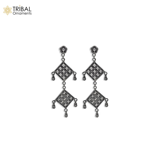 925 sterling silver ethnic  floral carved geometric design drop dangle earring banjara jewellery s1347 - TRIBAL ORNAMENTS