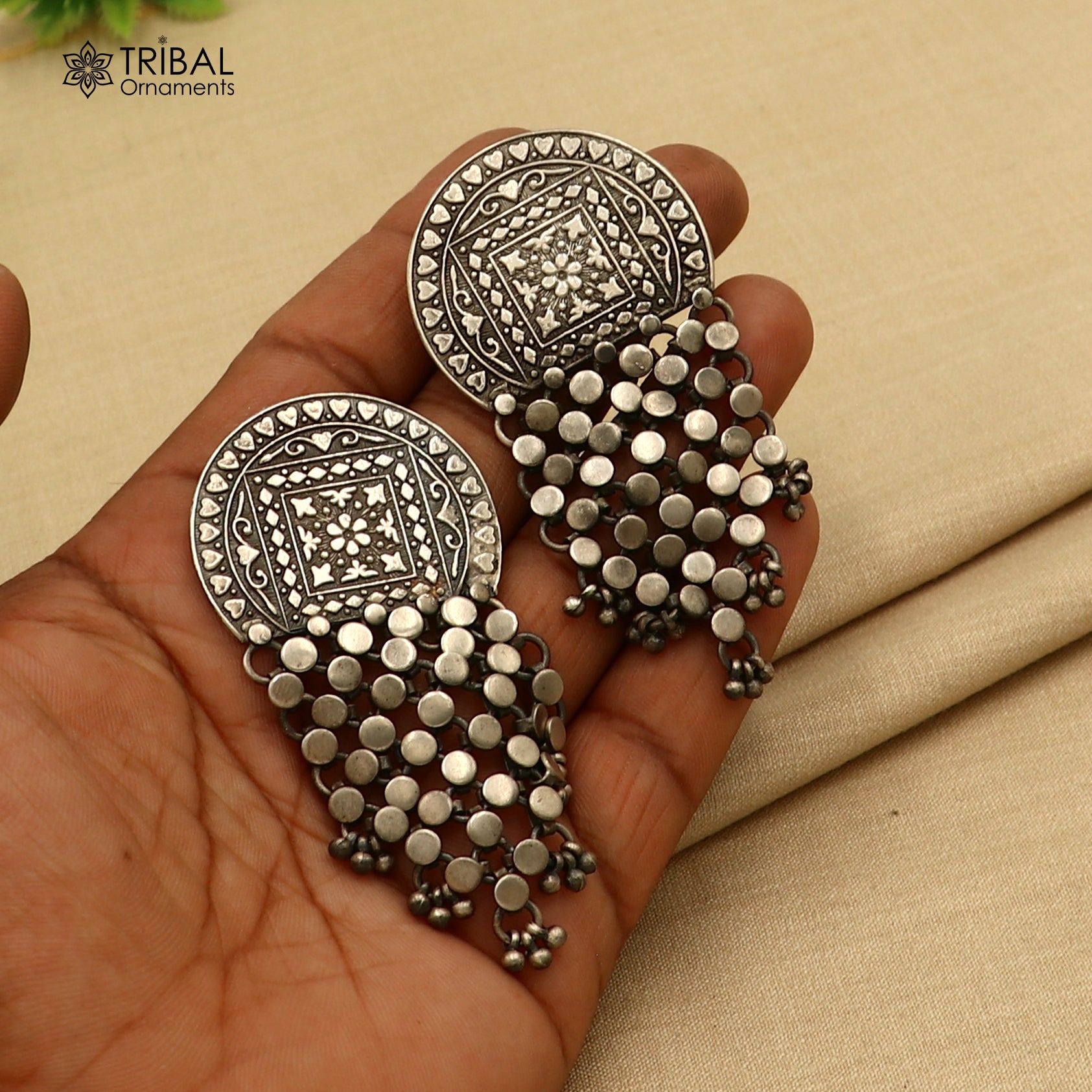 925 sterling silver ethnic floral style traditional drop dangle earring ear744 - TRIBAL ORNAMENTS