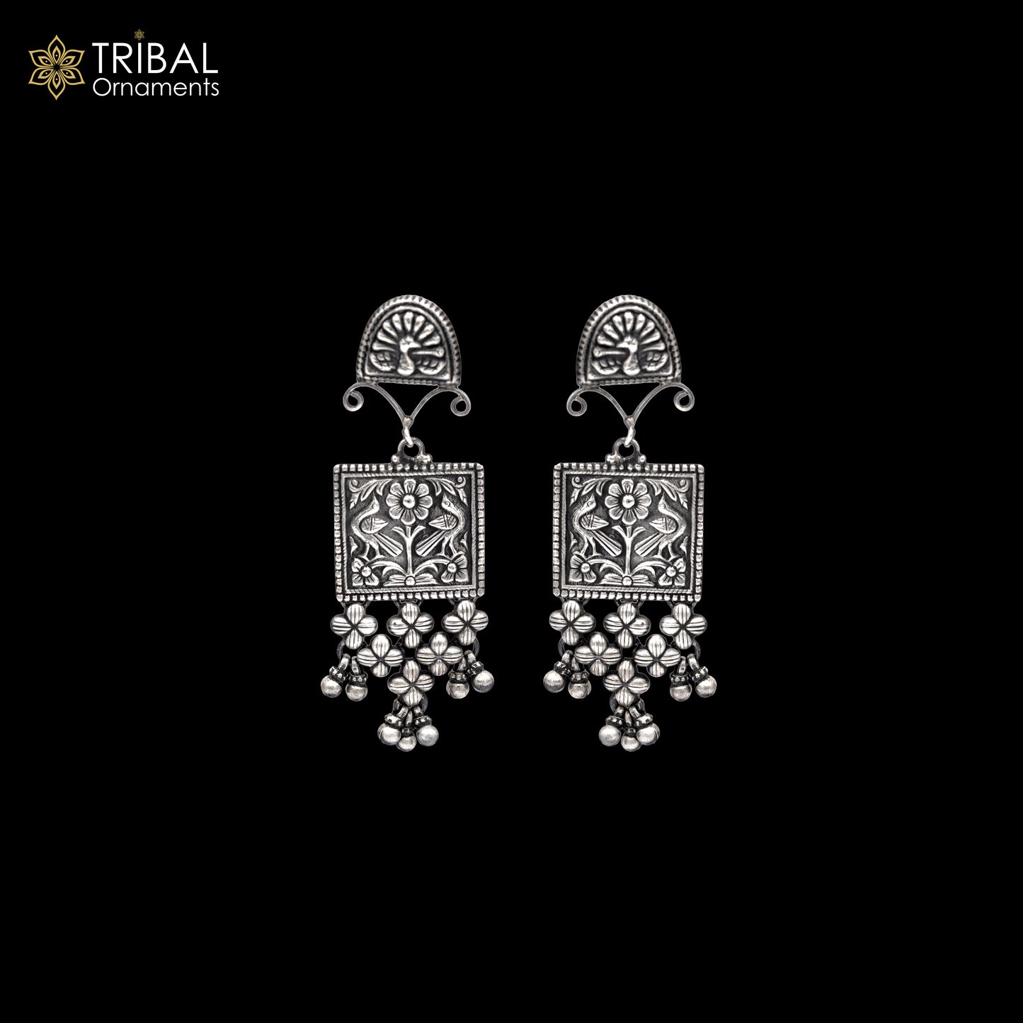 Sterling silver ethnic floral drop dangle earring with intricate Banjara jewelry design by TRIBAL ORNAMENTS.