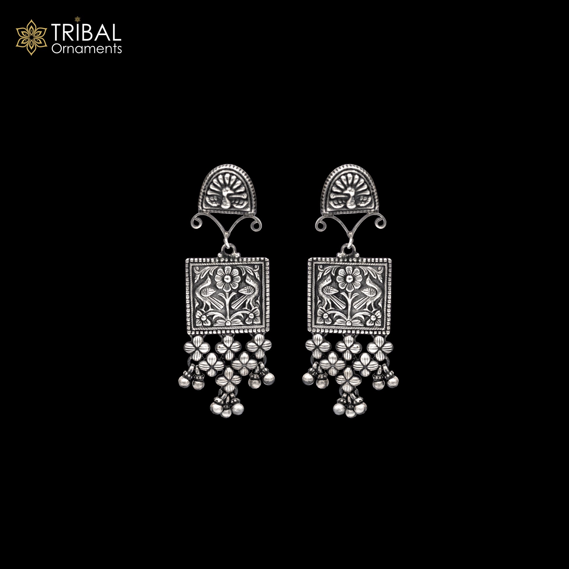 Sterling silver ethnic floral drop dangle earring with intricate Banjara jewelry design by TRIBAL ORNAMENTS.