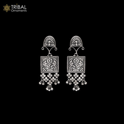 Sterling silver ethnic floral drop dangle earring with intricate Banjara jewelry design by TRIBAL ORNAMENTS.