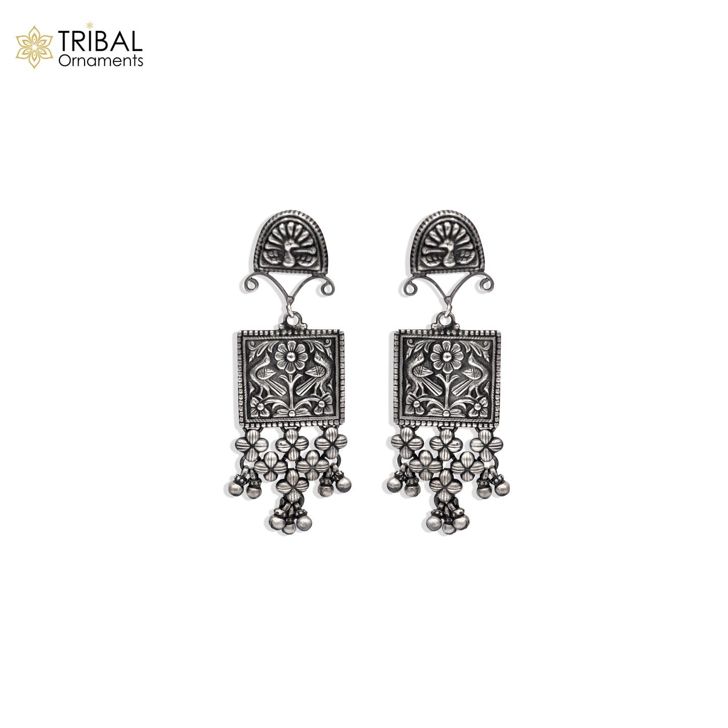 925 sterling silver Banjara jewelry drop dangle earring with ethnic floral design from TRIBAL ORNAMENTS.