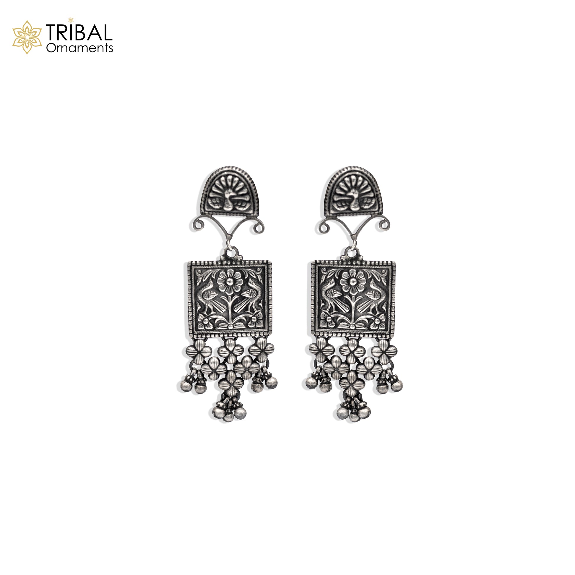 925 sterling silver Banjara jewelry drop dangle earring with ethnic floral design from TRIBAL ORNAMENTS.