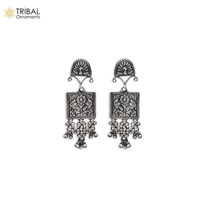 925 sterling silver Banjara jewelry drop dangle earring with ethnic floral design from TRIBAL ORNAMENTS.