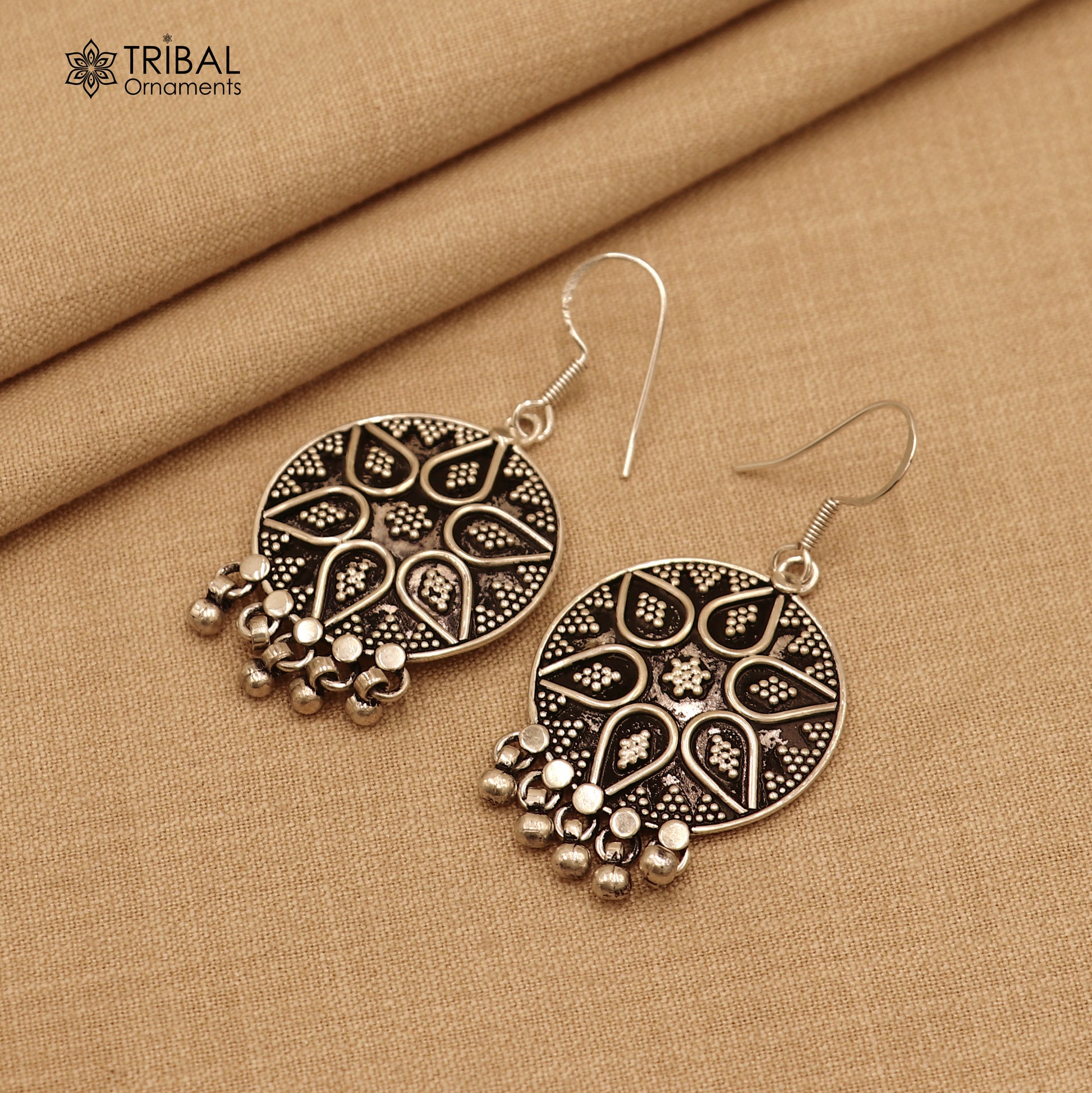 925 sterling silver ethnic round rava carving style traditional drop dangle earring ear747 - TRIBAL ORNAMENTS