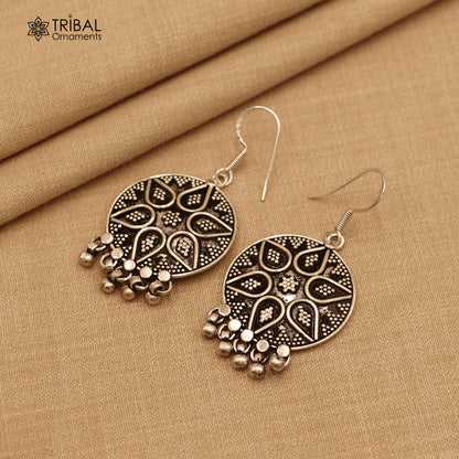 925 sterling silver ethnic round rava carving style traditional drop dangle earring ear747 - TRIBAL ORNAMENTS