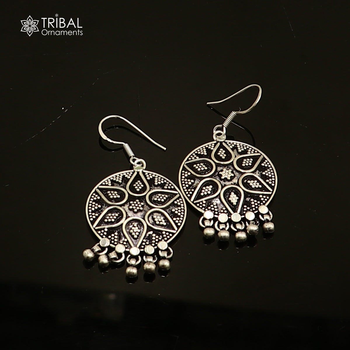 925 sterling silver ethnic round rava carving style traditional drop dangle earring ear747 - TRIBAL ORNAMENTS