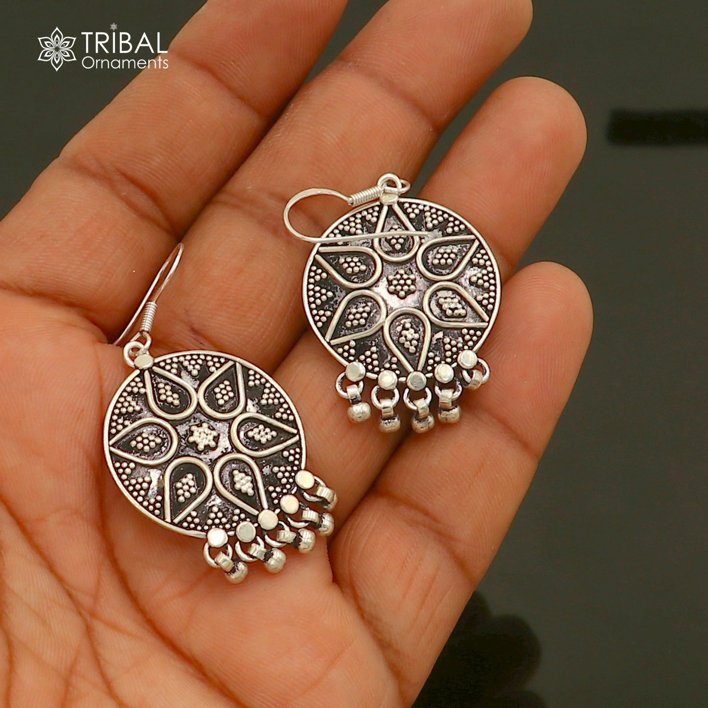 925 sterling silver ethnic round rava carving style traditional drop dangle earring ear747 - TRIBAL ORNAMENTS