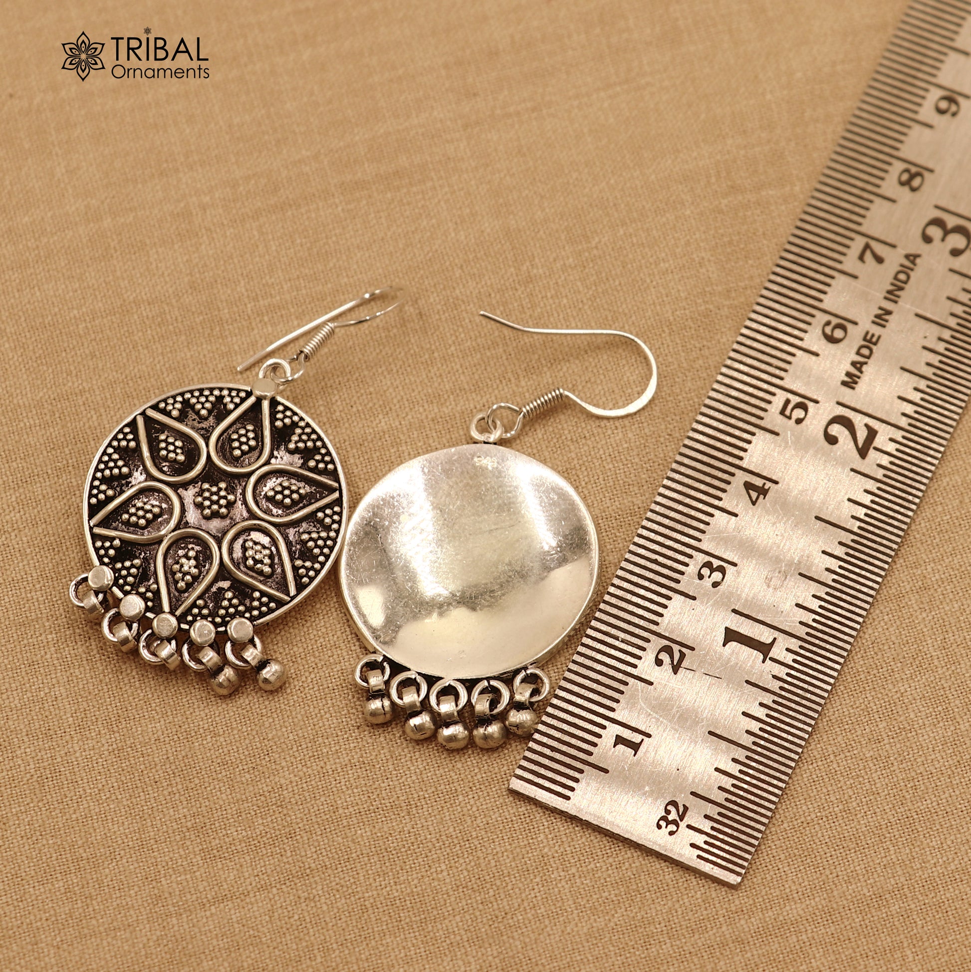 925 sterling silver ethnic round rava carving style traditional drop dangle earring ear747 - TRIBAL ORNAMENTS