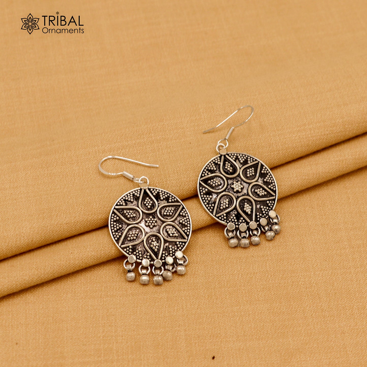 925 sterling silver ethnic round rava carving style traditional drop dangle earring ear747 - TRIBAL ORNAMENTS
