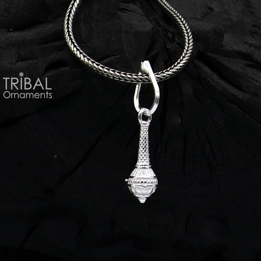 Sterling silver Hanuman weapon Gota pendant with Gada design, stylish unisex jewelry by Tribal Ornaments.