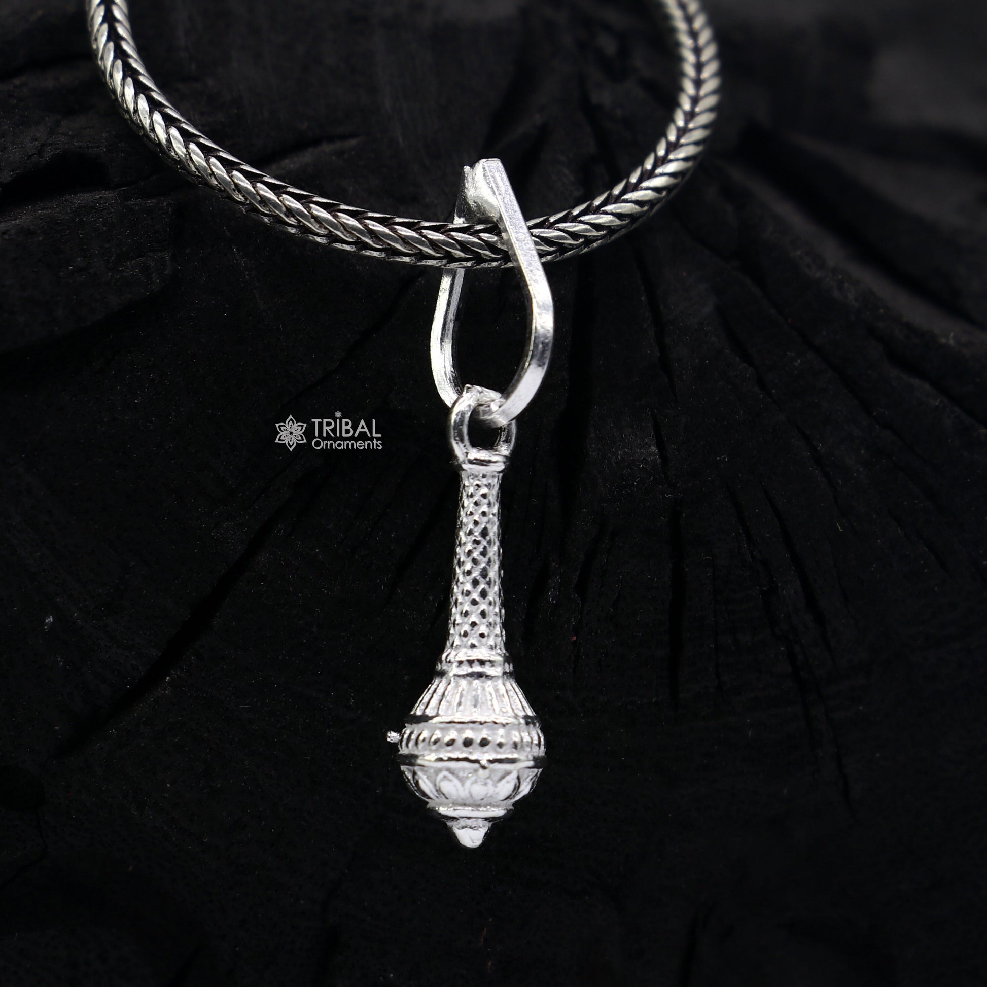 Sterling silver Hanuman weapon Gota pendant with Gada design, stylish unisex jewelry, featuring intricate craftsmanship.