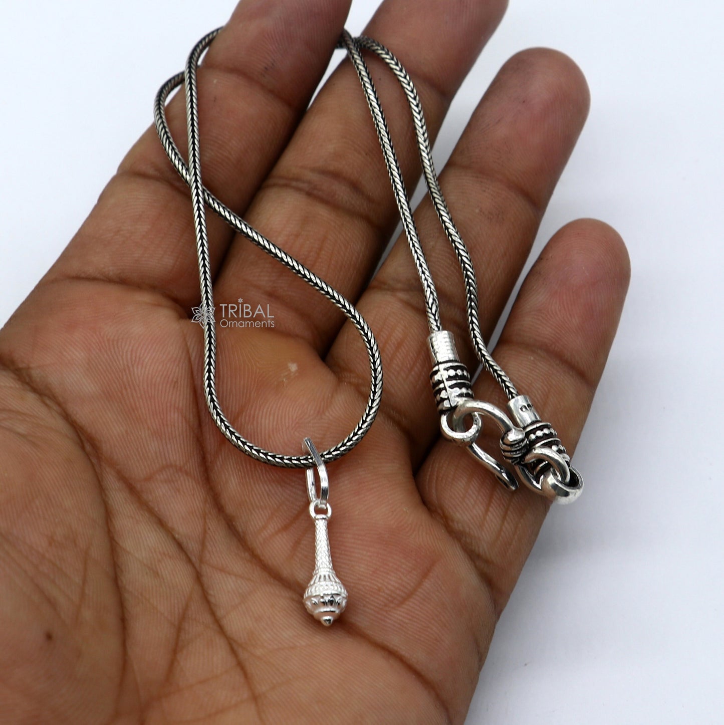 Sterling silver Hanuman Gada pendant with Gota design, stylish unisex jewelry, featuring intricate craftsmanship and unique weapon motif.
