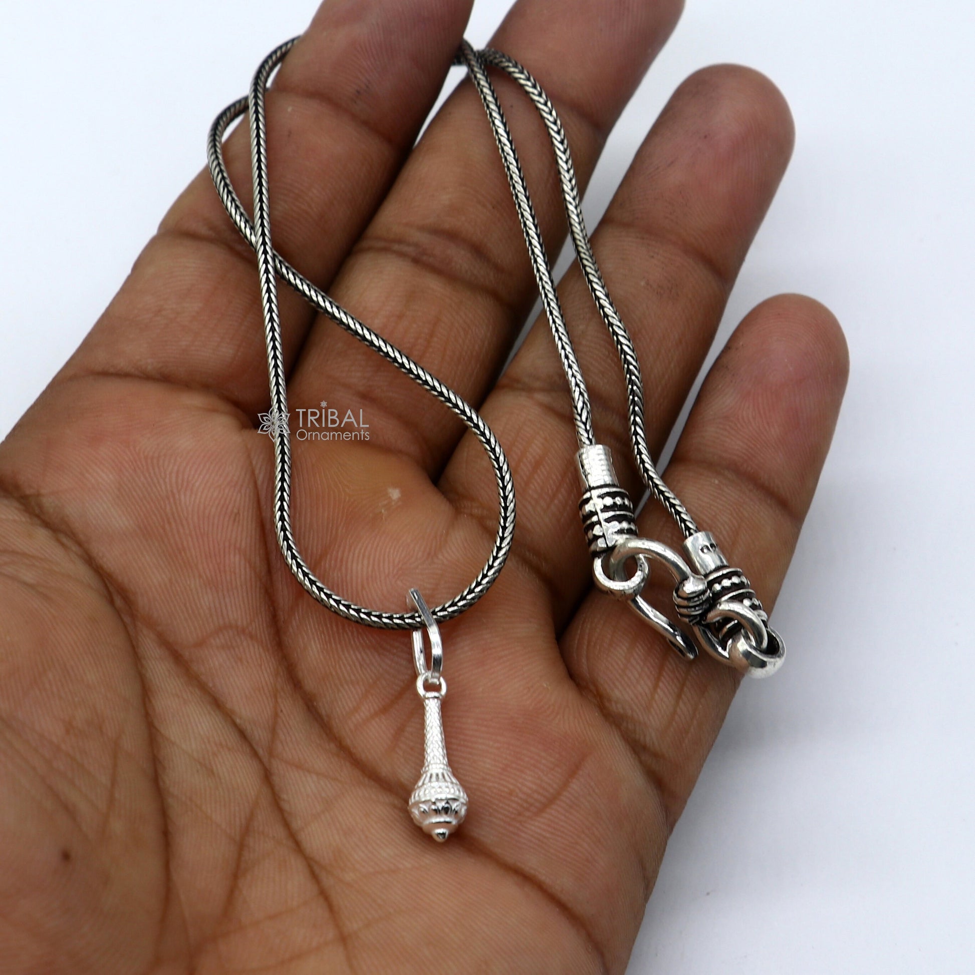 Sterling silver Hanuman Gada pendant with Gota design, stylish unisex jewelry, featuring intricate craftsmanship and unique weapon motif.