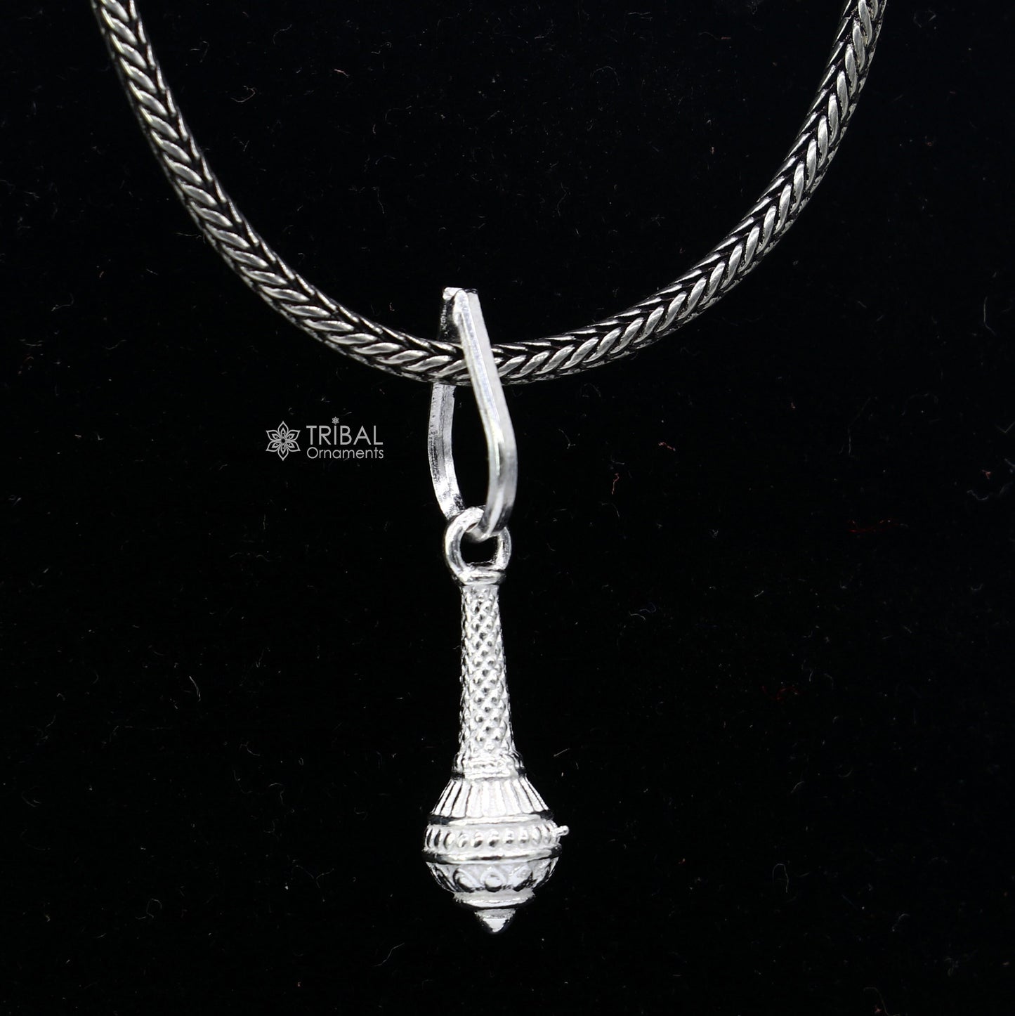 Sterling silver Hanuman Gada pendant with Gota design, unisex tribal jewelry, stylish and unique gift accessory.