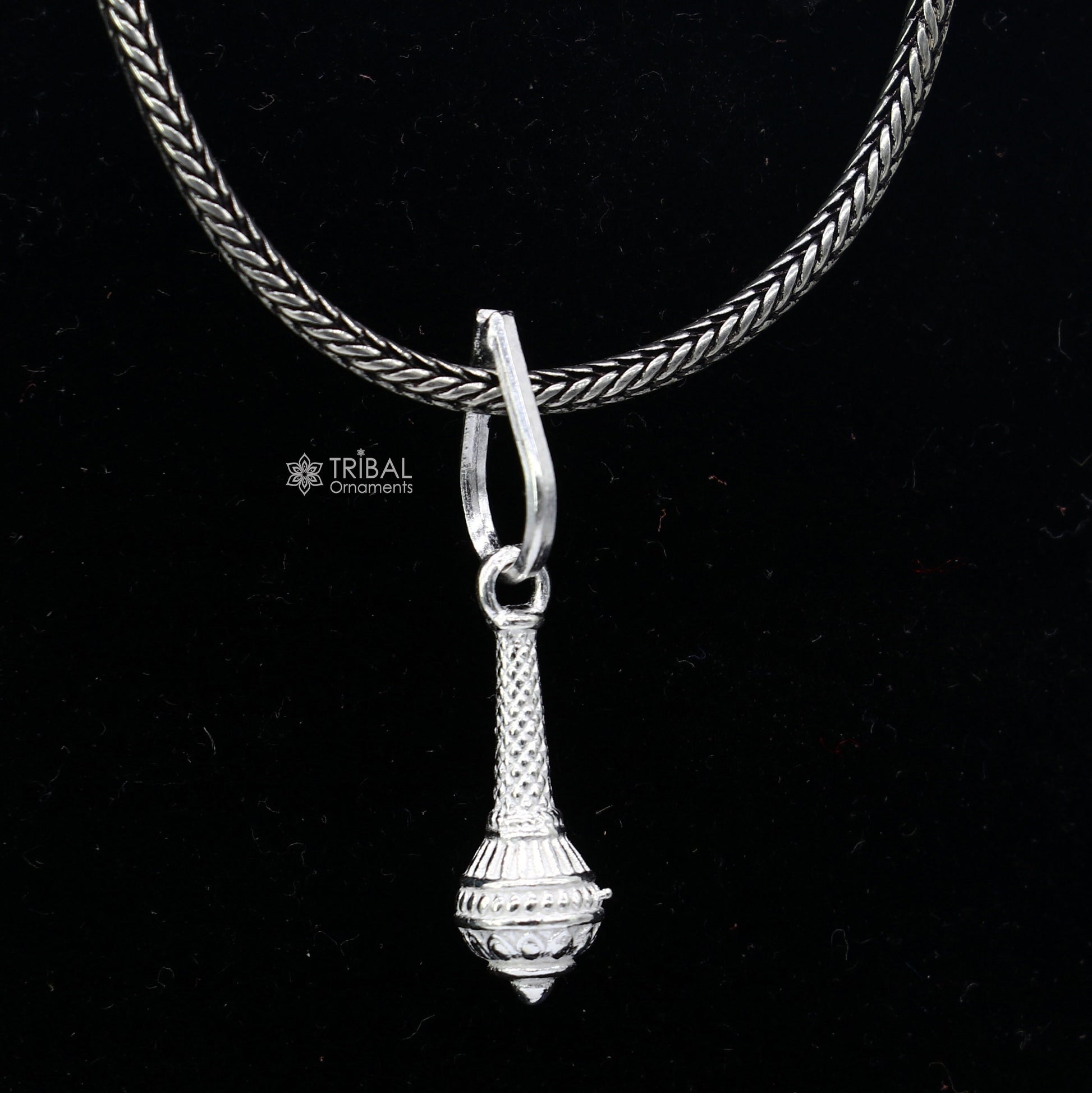 Sterling silver Hanuman Gada pendant with Gota design, unisex tribal jewelry, stylish and unique gift accessory.