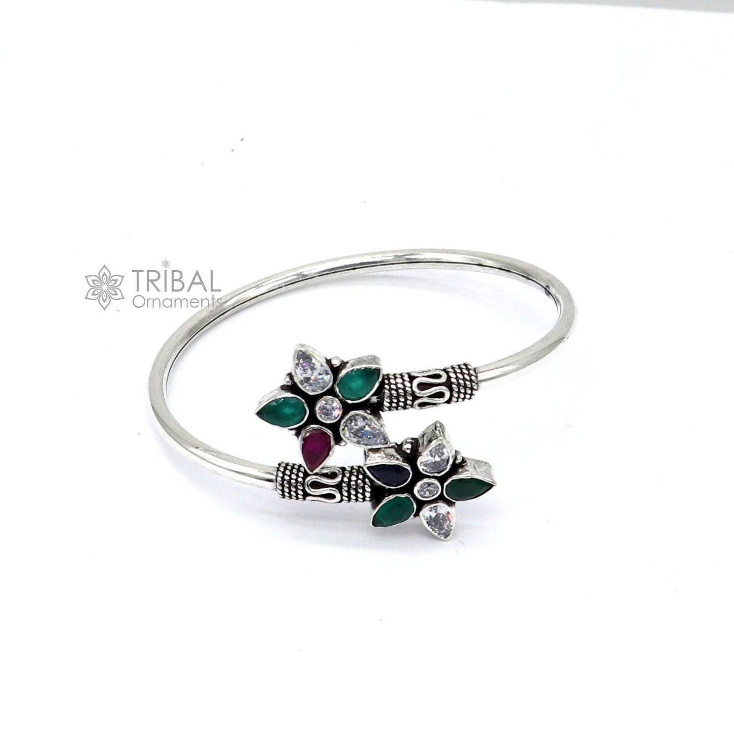 925 sterling silver fabulous bangle bracelet kada amazing Cuff bracelet with red and green cut stone best gifting kada nba425 - TRIBAL ORNAMENTS