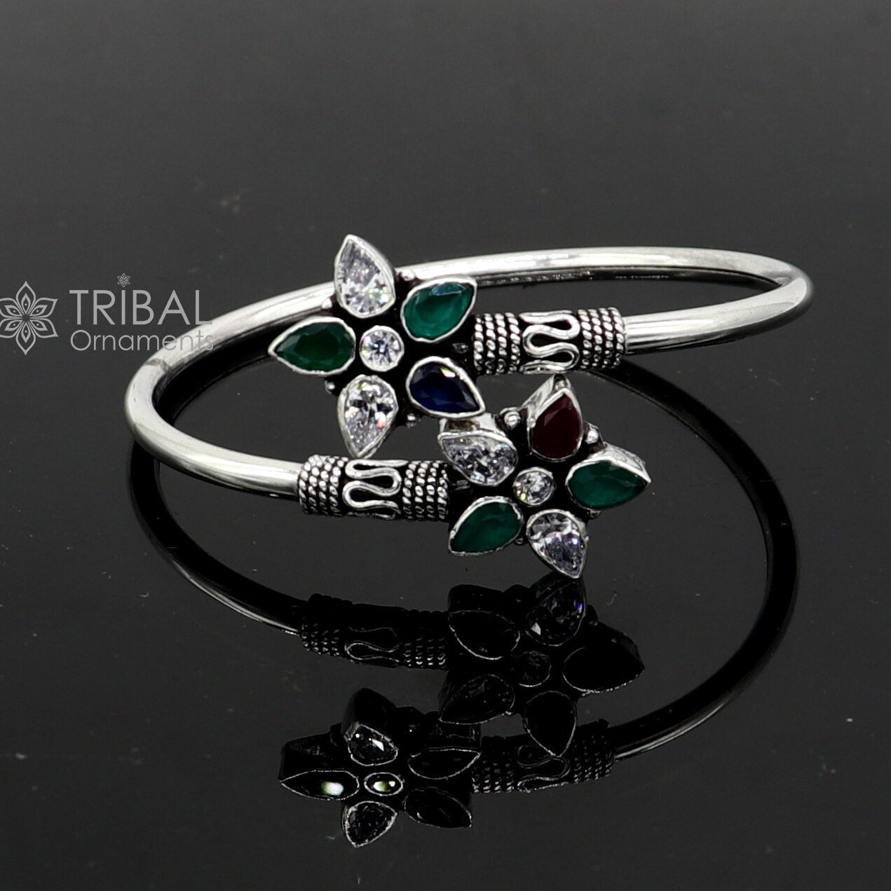 925 sterling silver fabulous bangle bracelet kada amazing Cuff bracelet with red and green cut stone best gifting kada nba425 - TRIBAL ORNAMENTS