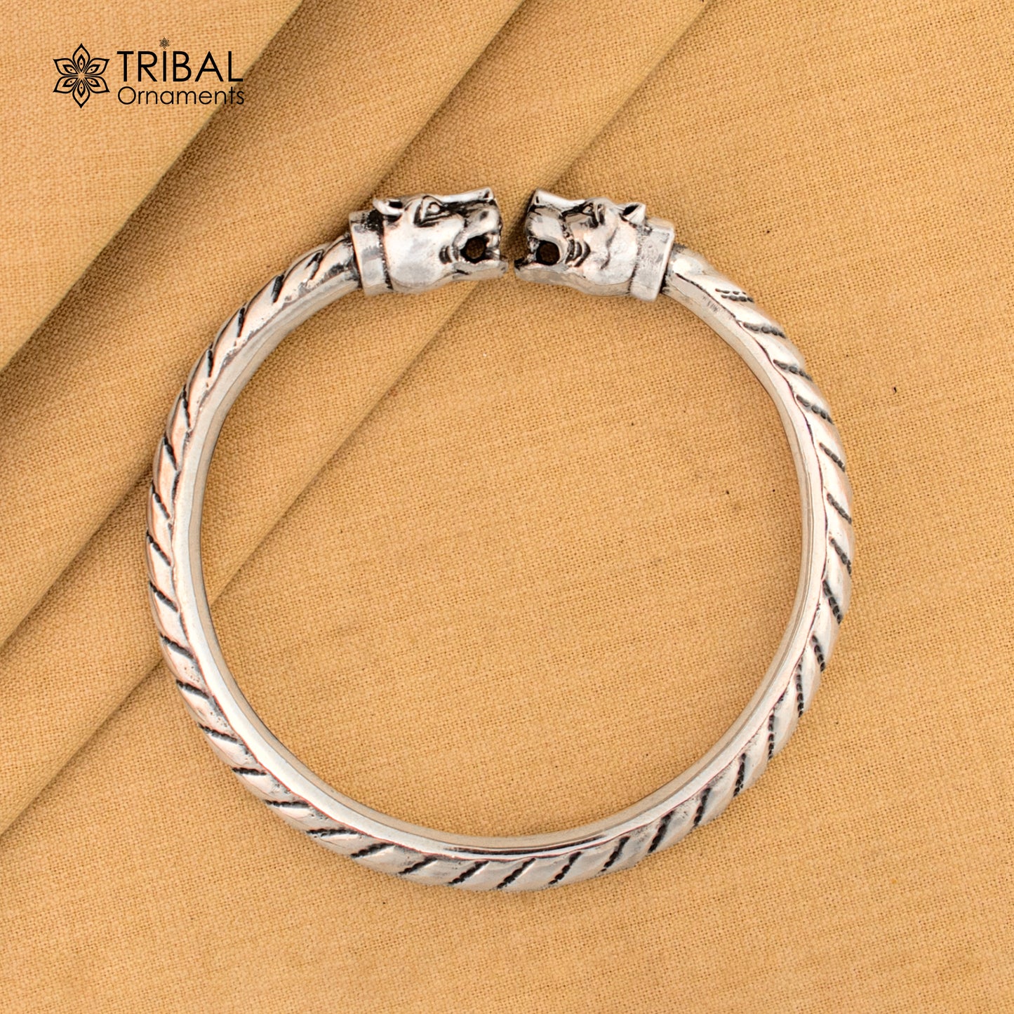 Sterling silver lion face kada bracelet with tribal design, stylish belly dance jewelry, crafted by TRIBAL ORNAMENTS.
