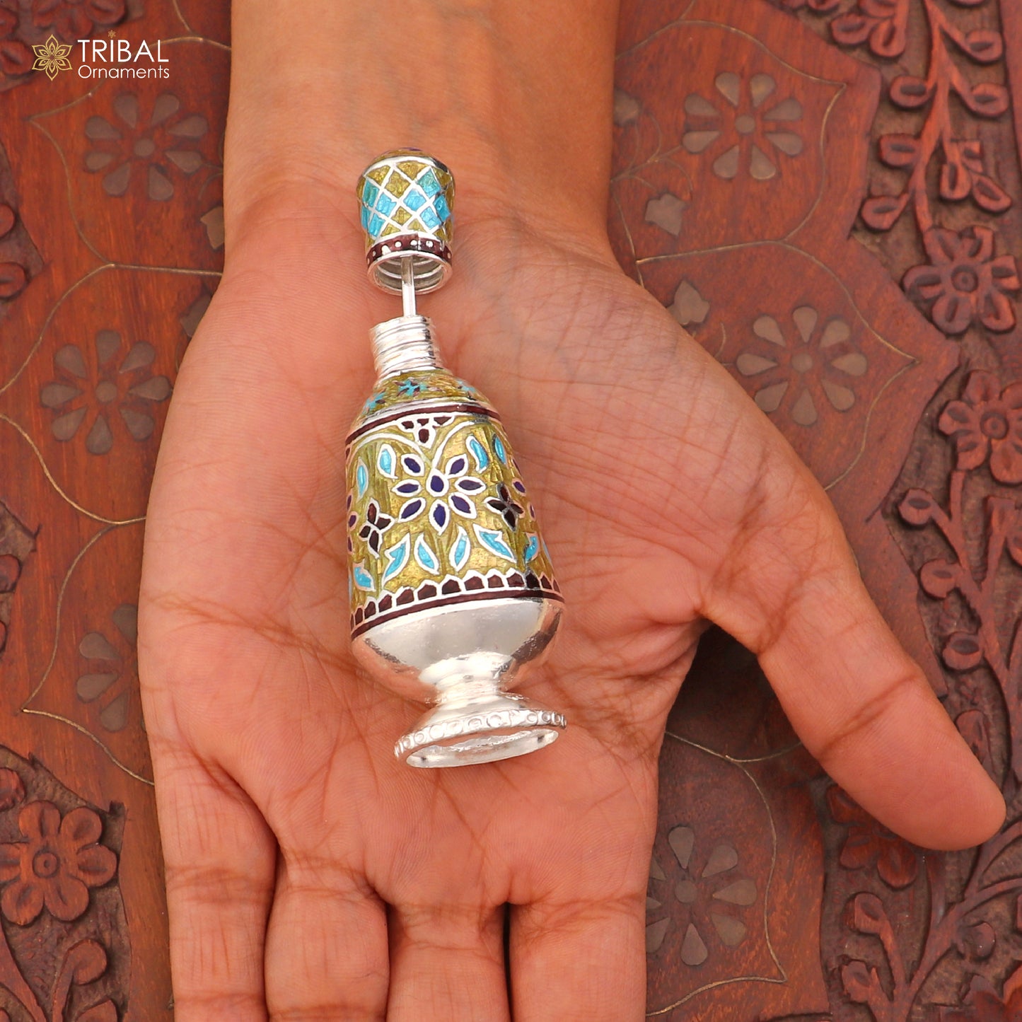 925 Sterling silver fabulous meenakari trinket box, container box, casket box, sindoor box, enamel work customized  box stb894 - TRIBAL ORNAMENTS