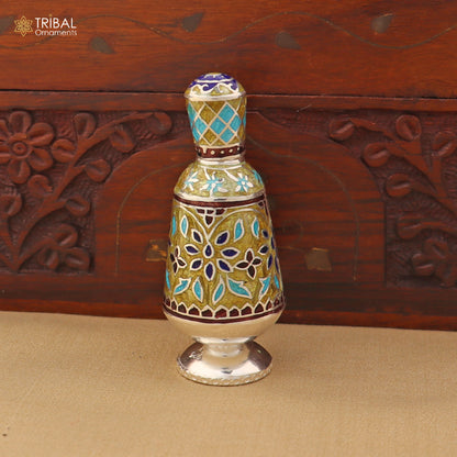 925 Sterling silver fabulous meenakari trinket box, container box, casket box, sindoor box, enamel work customized  box stb894 - TRIBAL ORNAMENTS