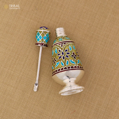 925 Sterling silver fabulous meenakari trinket box, container box, casket box, sindoor box, enamel work customized  box stb894 - TRIBAL ORNAMENTS
