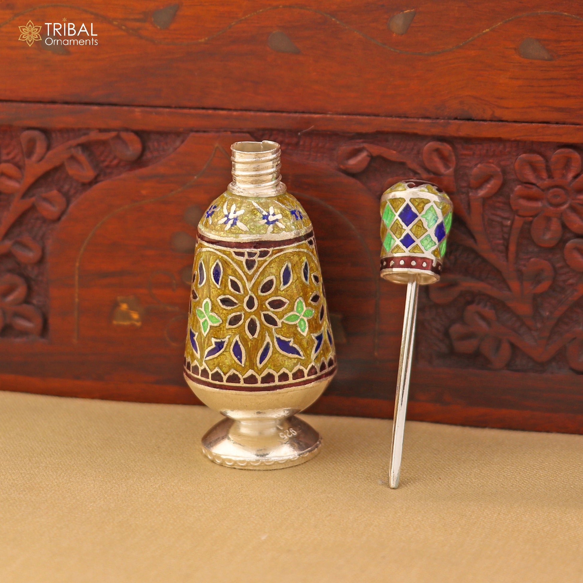 925 Sterling silver fabulous meenakari trinket box, container box, casket box,sindoor box, enamel work customized  box stb895 - TRIBAL ORNAMENTS