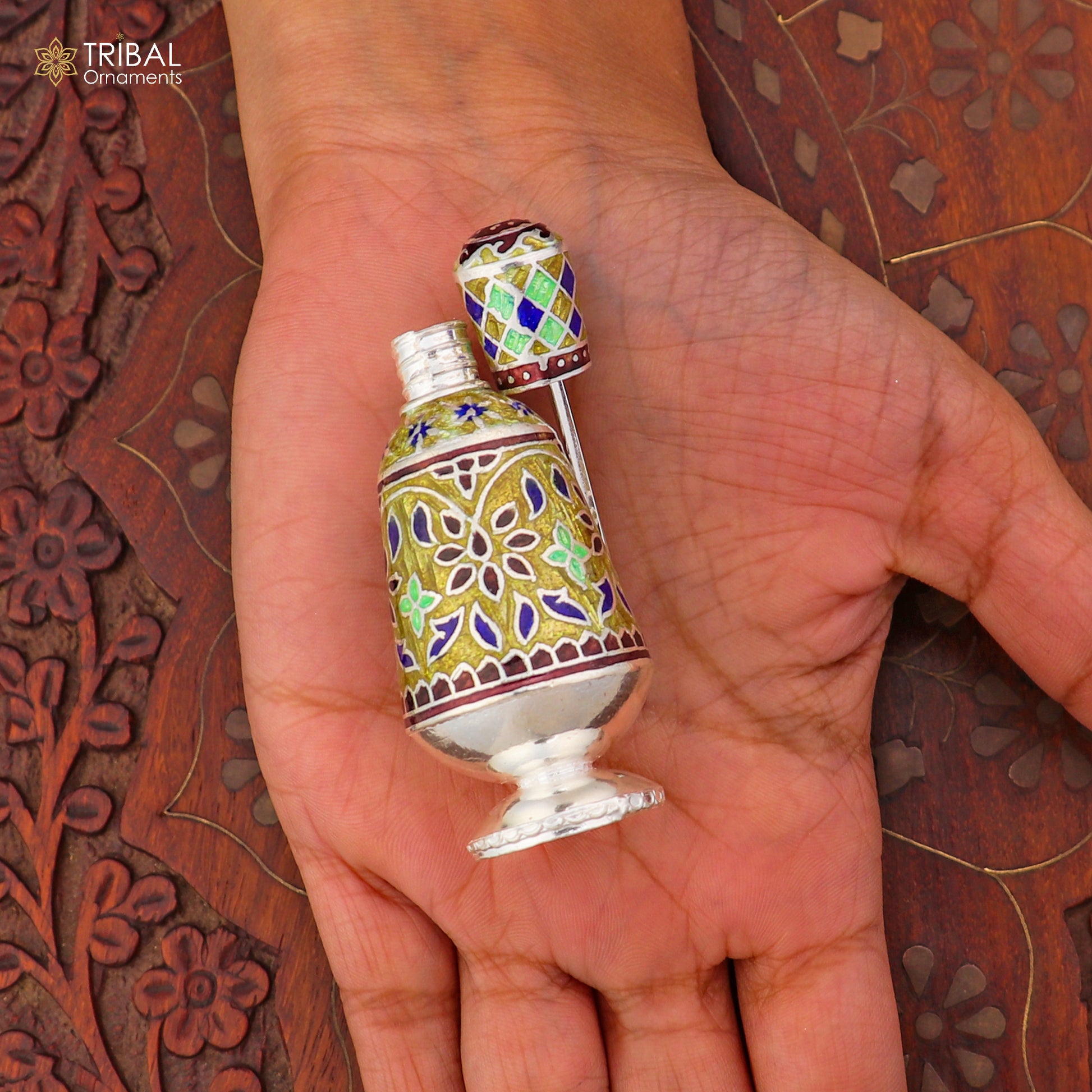 925 Sterling silver fabulous meenakari trinket box, container box, casket box,sindoor box, enamel work customized  box stb895 - TRIBAL ORNAMENTS