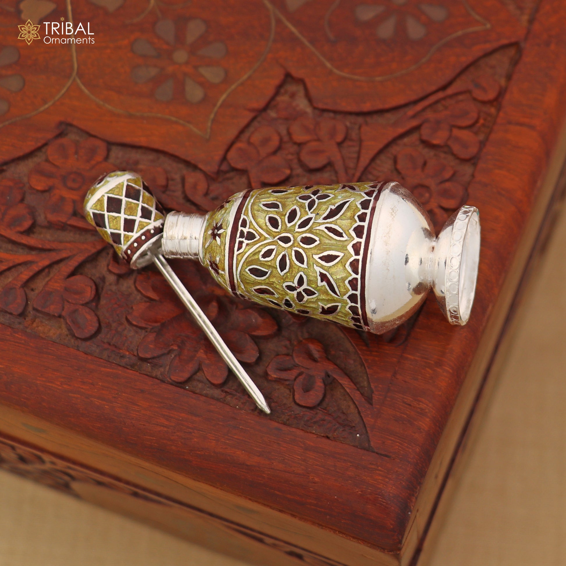 925 Sterling silver fabulous meenakari trinket box, container box, casket box,sindoor box, enamel work customized  box stb896 - TRIBAL ORNAMENTS