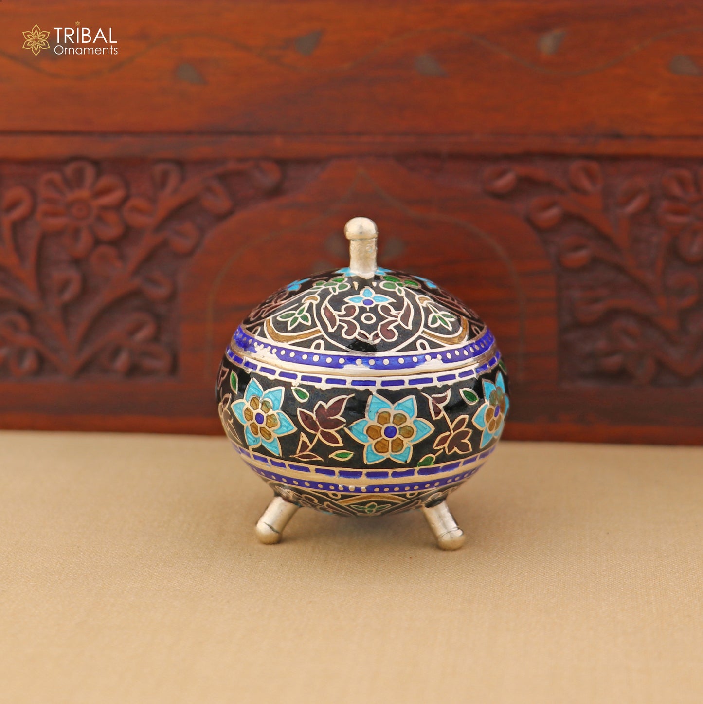925 Sterling silver fabulous meenakari trinket box, container box, casket box,sindoor box, enamel work customized  box stb898 - TRIBAL ORNAMENTS
